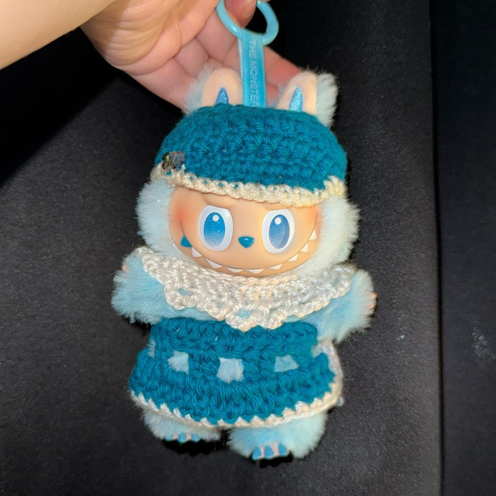 Crocheted Handmade Outfit Blue and Cream Dress with Hat. LABUBU NOT INCLUDED